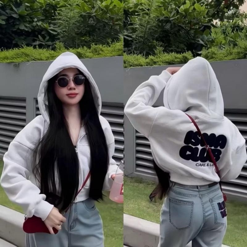 Áo Khoác Nỉ Dệt thêu Chữ Nổi ISMACLUB Nón To 2 Lớp dáng Lửng túi dây kéo form rộng mũ to BIGSIZE dài áo 58cm áo sweater nữ