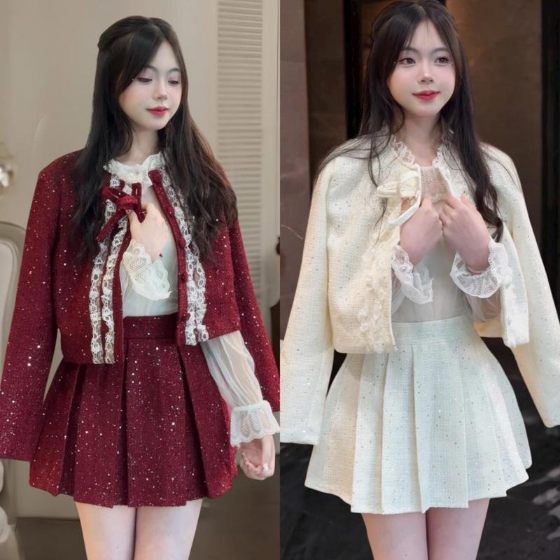 MiiuShop- Set dạ bling viền ren 2ct gồm áo khoác dạ và chân váy