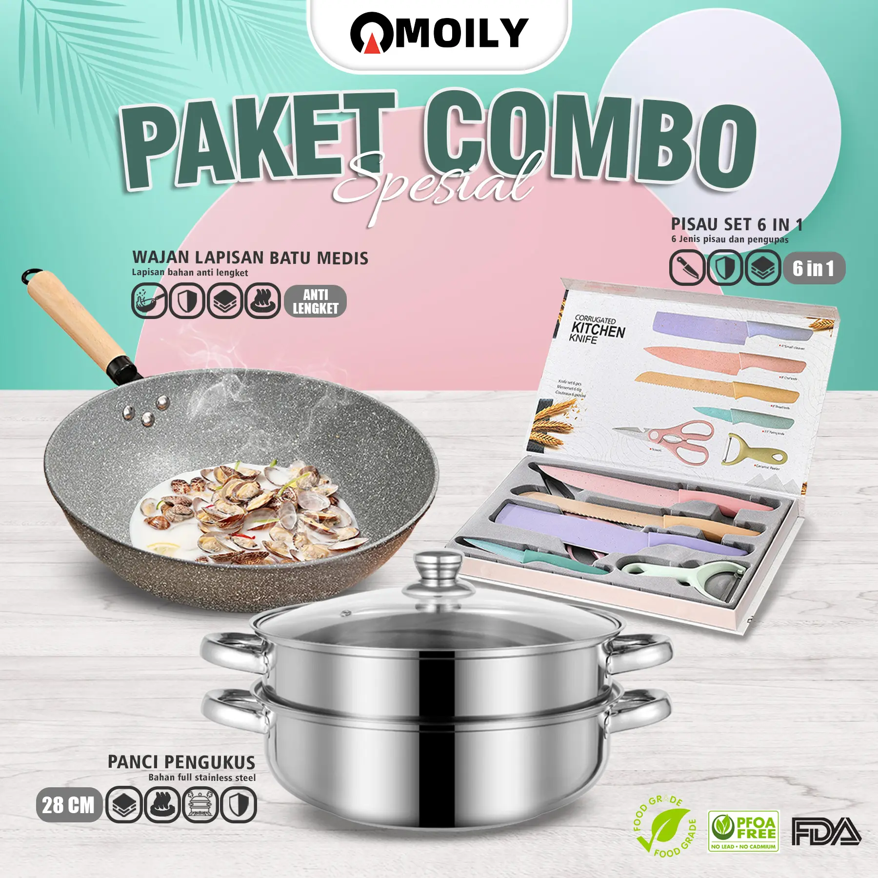 PAKET COMBO SPESIAL ALAT DAPUR! Wajan Abu 32CM Dengan Gagang Kayu + Panci Steamer 2 Susun + Pisau Set 6in1