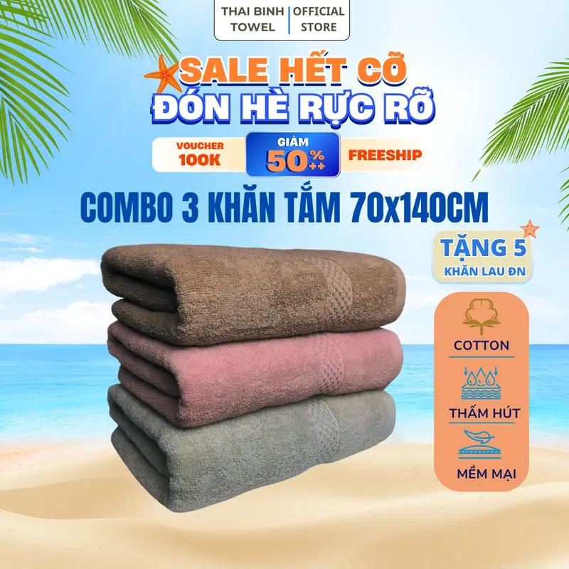 Combo 3 khăn tắm đại 70x140cm THAIBINH TOWEL làm từ sợi cotton cao cấp mềm mịn thấm hút nước 0
