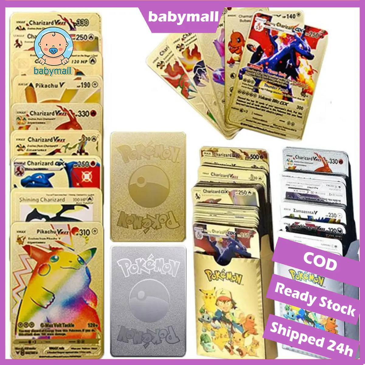 【24H】100-110-150pcs Metal Gold Pokemon Cards English Version Pikachu Trainer Card Game Collection Toys