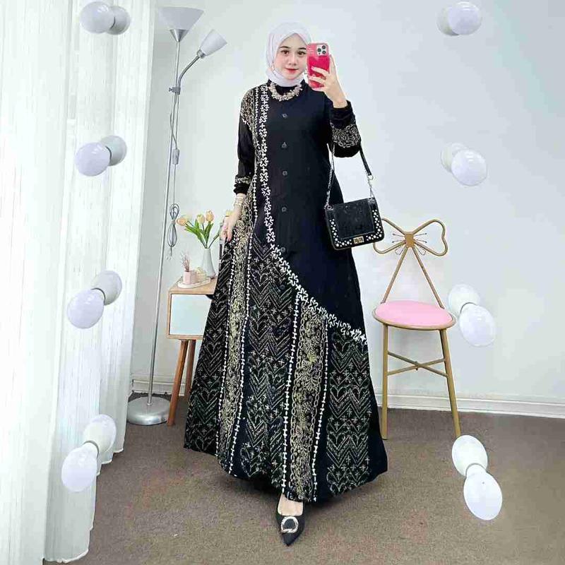 Gamis Twill Rayon Premium Model Kancing Terbaru Jumbo Syari Kekinian Batik Cap Muslim Motif Lebaran • simpel Simple XL Elegant Simple 3