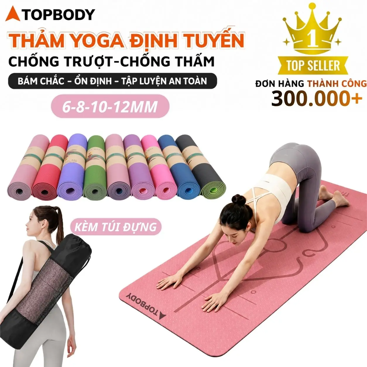 Thảm Tập Yoga Gym Thể Dục Tại Nhà TOPBODY  Chất Liệu TPE Cao Cấp 2 Lớp Định Tuyến Độ Dày 6-8-10mm Cao Su