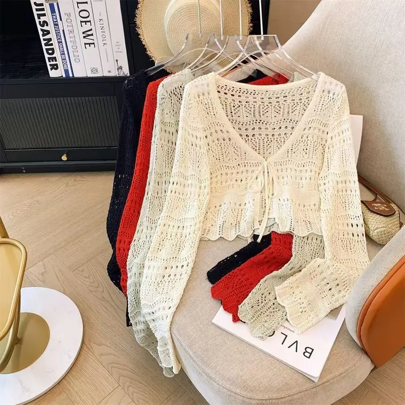 áo cardigan,áo lưới nữ form rộng,áo sweater,áo cardigan,áo sweater sw,áo lưới nữ sang chảnh,knitted blouse,Áo Choàng Dệt Kim Mỏng, OOTD-Thoáng Mát Mùa Hè, Áo Khoác Chống Nắng Ngắn Tay Cho Nữ, Phong Cách Phương Tây Mới, Áo Cardigan Khoét Lỗ Đan, Quần Áo Nữ 7