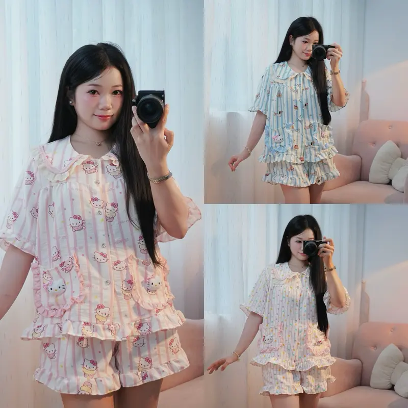 [ Ngọc Trinh x Xưởng may Sm]Bộ ngủ nữ tiểu thư cổ sen cộc tay vải đũi bông mây mùa hè mặc đi ngủ mát mẻ thoải mái Women Quần Ngủ Áo Ngủ Cotton