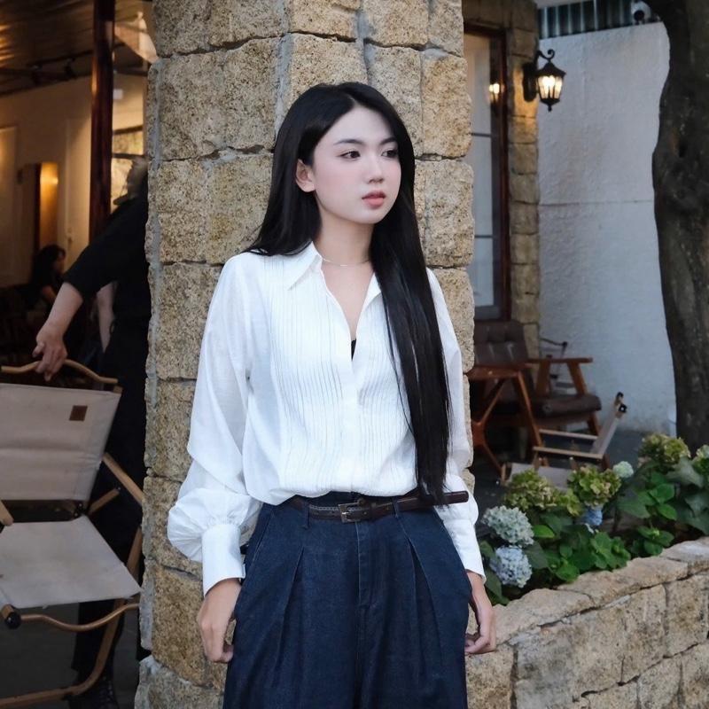  Áo sơ mi xếp ly ngực Cao Cấp kiểu sang chảnh tay bồng thiết kế Dens.clothing 