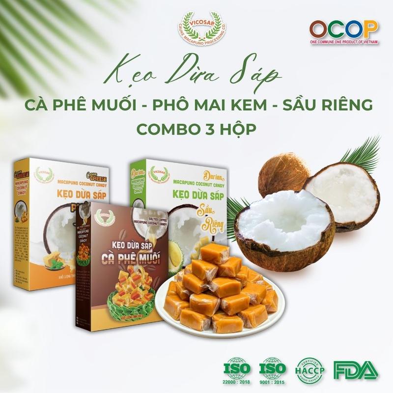 Combo 3 hộp Kẹo dừa sáp VICOSAP vị cà phê muối phô mai kem sầu riêng kẹo mềm dẻo ít đường đặc sản Trà Vinh - Snack Food Ăn Vặt Candy