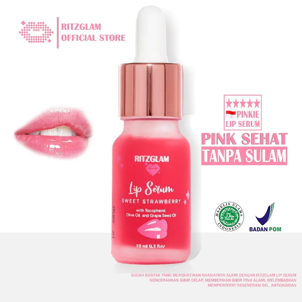 Ritzglam Lip Serum Bibir Premium Sweet Strawberry 10ml. Pink Sehat Tanpa Sulam
