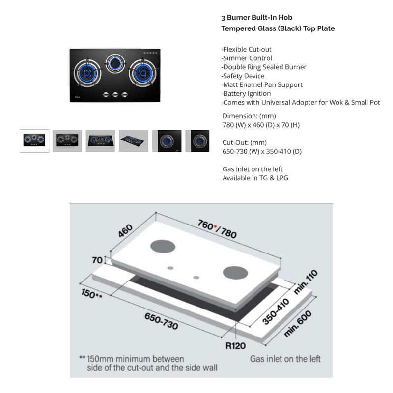 RINNAI RB-783G FLEXIHOB 78CM 3 BURNER GLASS BUILT-IN GAS HOB 1