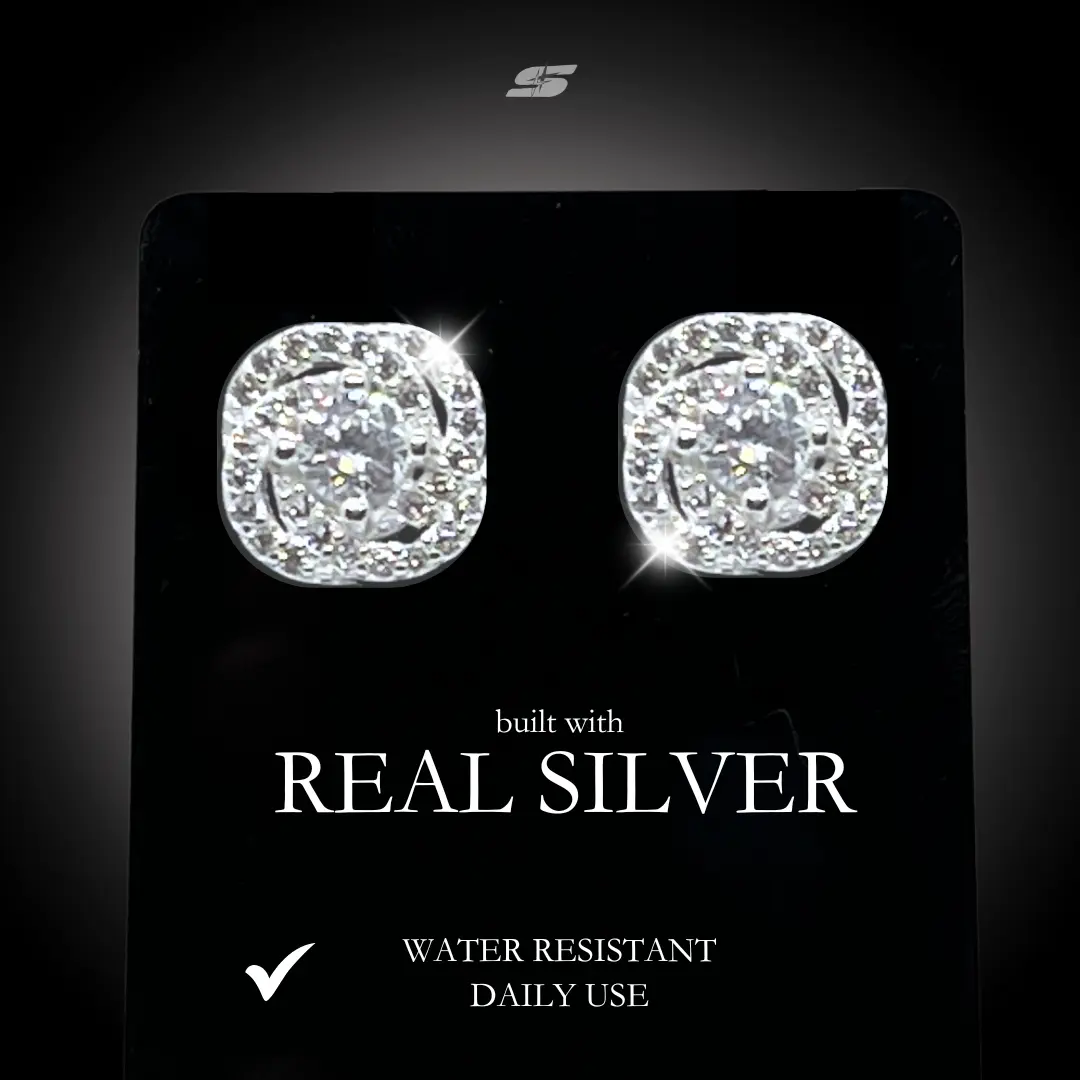 【REAL SILVER】 Y2K Box Bling Earrings | 8.8mm | Made with 92.5 Silver & Russian Diamonds | Guarantee Non-fading, Non-rust, LIFETIME Jewelry | For Men or Women