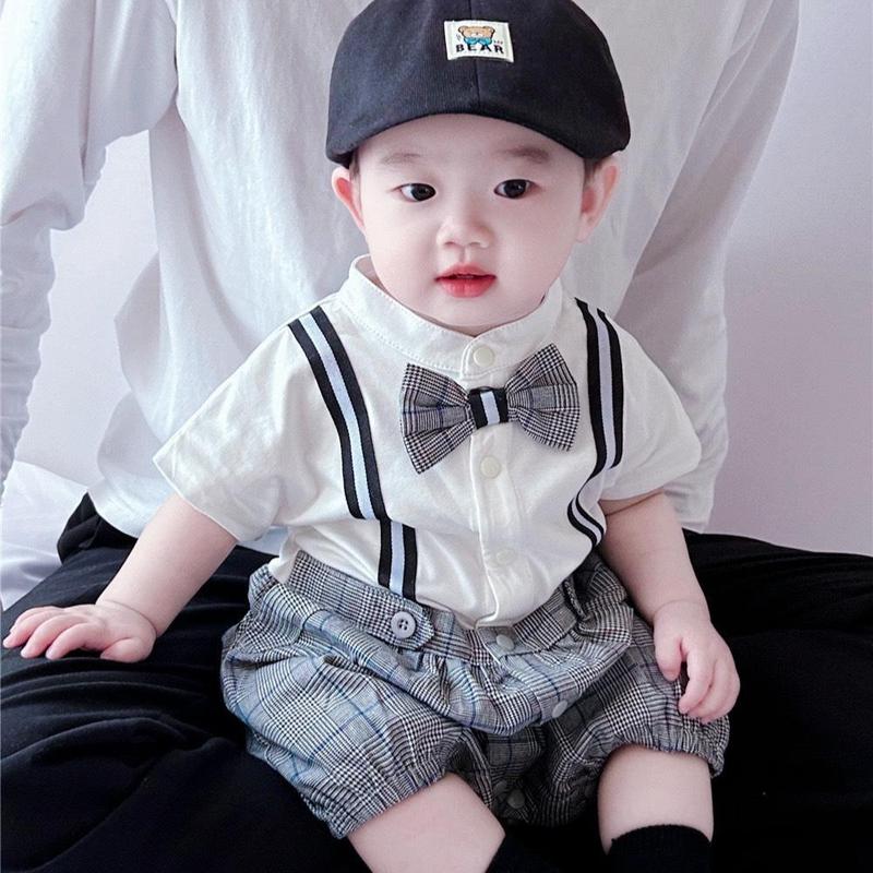 Bộ bodysuit ngắn tay Babyshop88vn cho bé trai bé gái H2625-1 Jumpsuit - Mẫu công tử kẻ cổ trụ và cổ bẻ