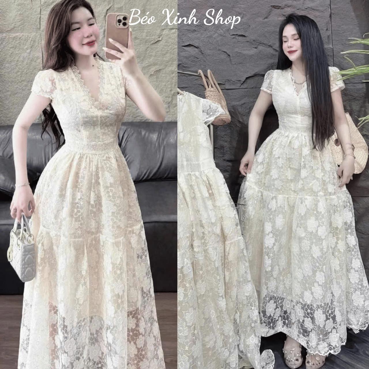 Váy Ren Hoa Dự Tiệc Thiết Kế Cổ V Phối (Vải Ren Hoa Cao Cấp) Sang Trọng Cho Nàng Bigsize 40–90kg Béo Xinh Shop - A.1600