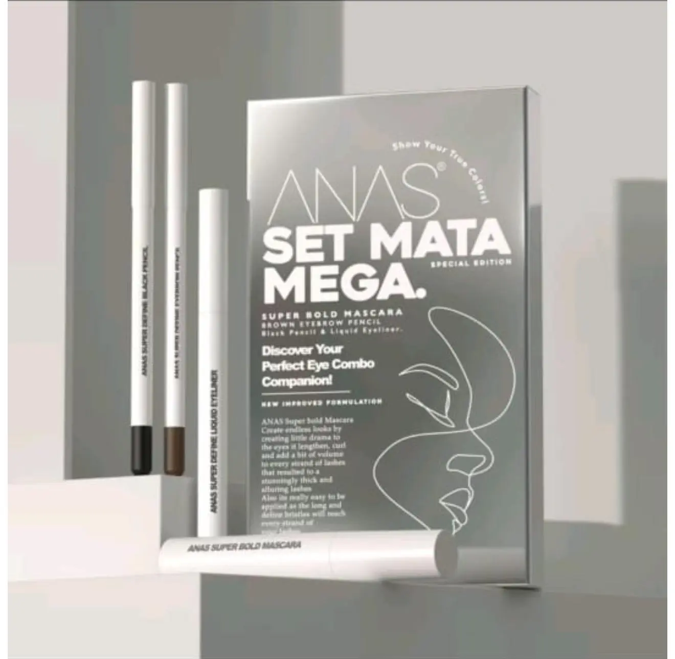 ANAS Set Mata Mega 4 in 1 Box (Mascara + Liquid Eyeliner + Eyebrow Pencil + Black Pencil