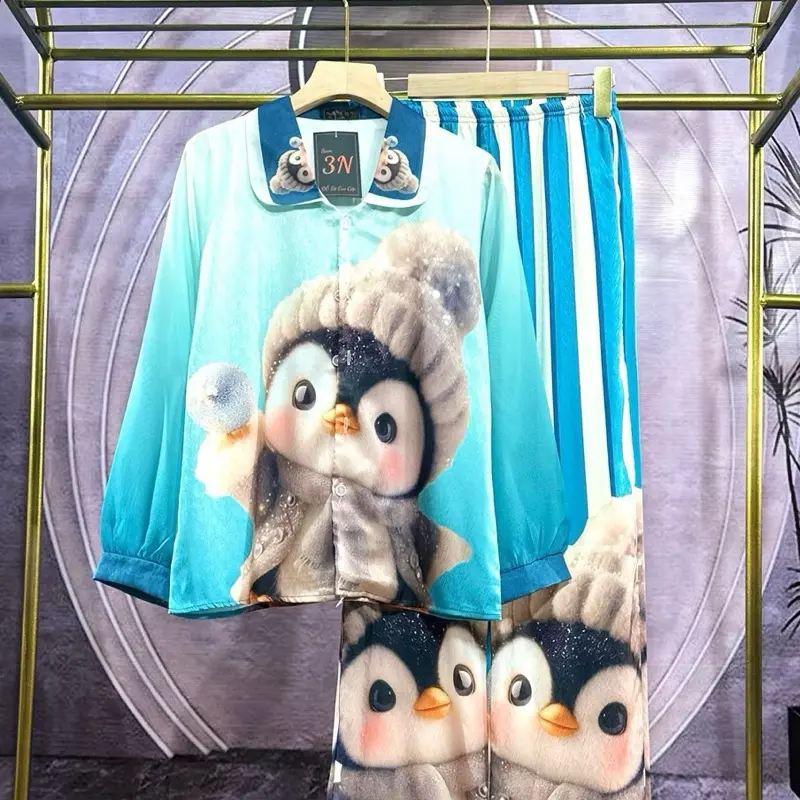Đồ ngủ, đồ bộ pijama dáng tay dài lụa xước dưới 60kg nơ đen