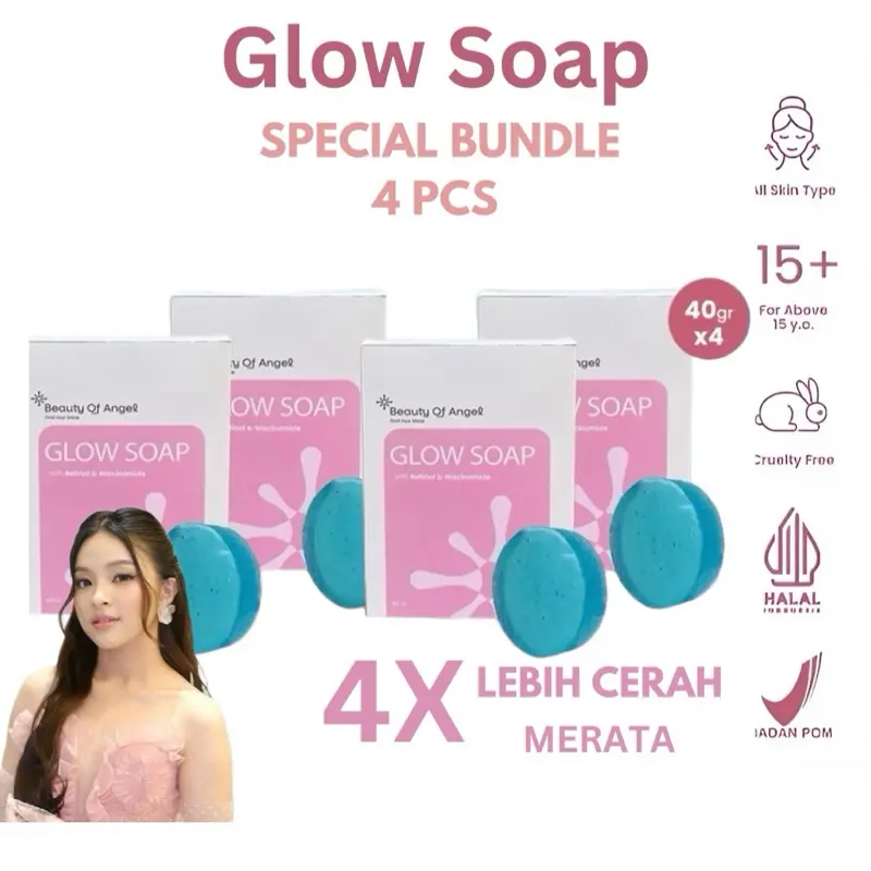4 PCS [LEBIH HEMAT] Beauty of Angel Glow Soap Sabun Mandi - Sabun Batang - Sabun Antiseptik Melembabkan dan Mencerahkan Kulit dengan Collagen, DNA Salmon, Retinol & Niacinamide Pencerah Tubuh