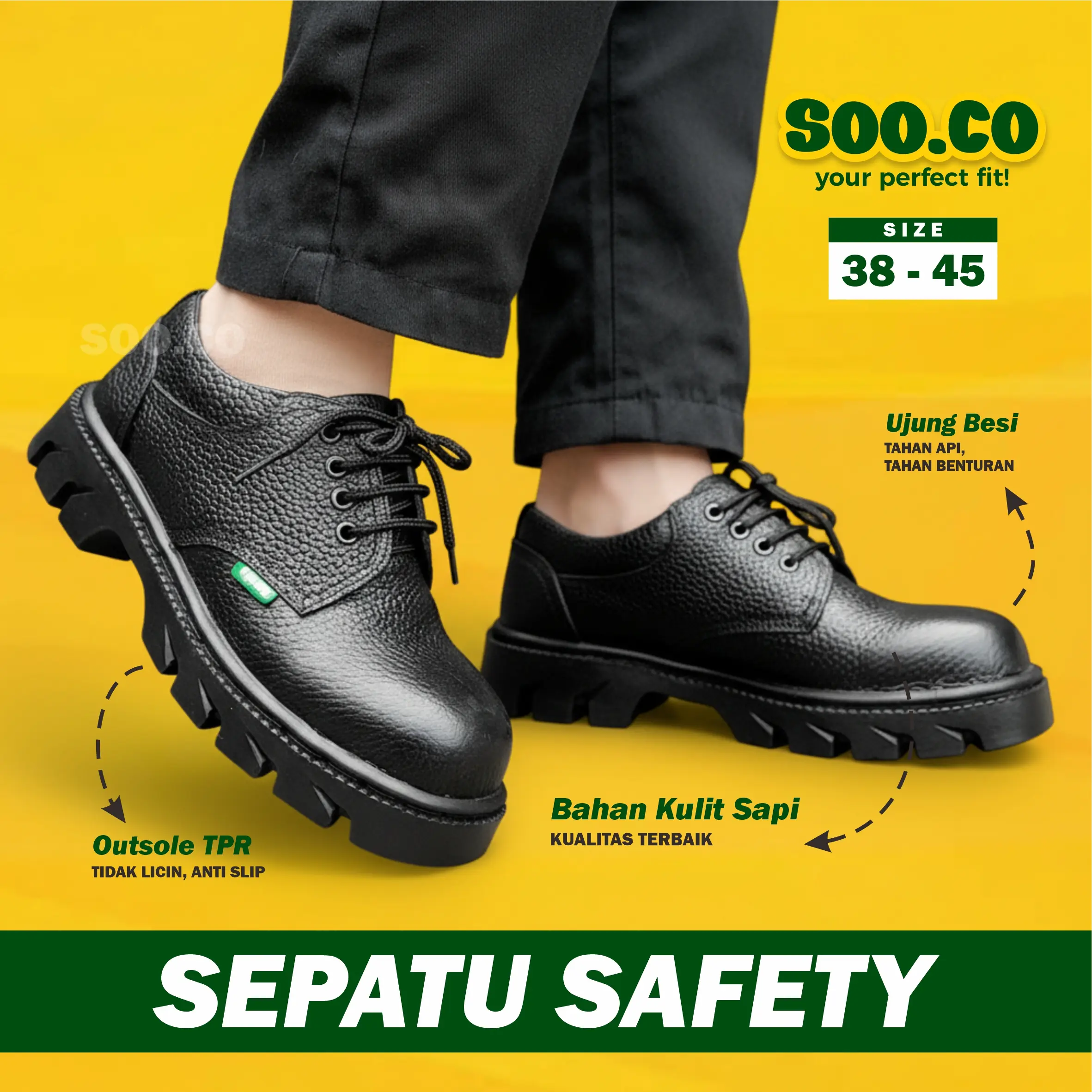 SOO.CO | SEPATU SAFETY PRIA WANITA ANTI SLIP TALI KULIT ASLI UJUNG BESI SEPATU SEFTY SEPTI COWOK CEWEK