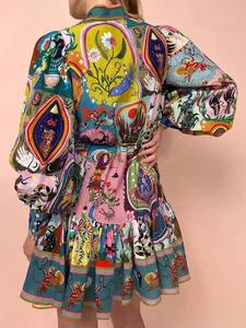 Falda corta para mujer de primavera y verano, estilo casual para vacaciones con estampado retro, diseño con tiras para atar, manga larga a la moda