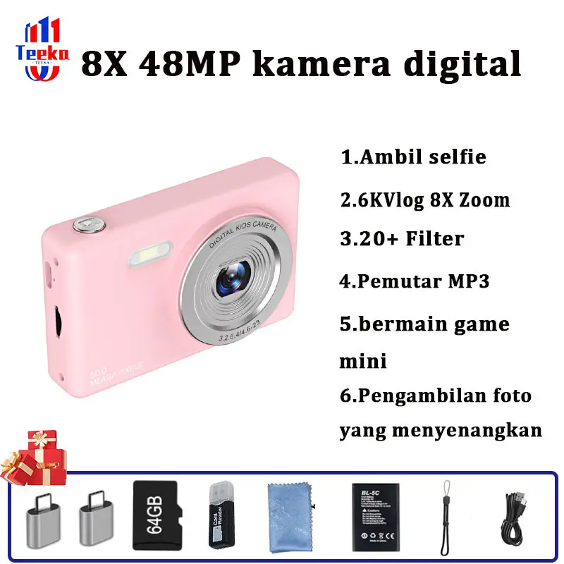 TEEKA 48MP Baru Kamera Digital 4K Dengan Zoom  2.4-inch IPS Screen 8X Dengan Anti Guncangan, Sempurna Untuk Vlogging, Pemula Remaja Camera 0