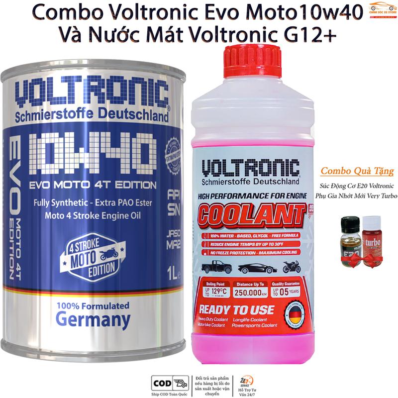 Combo Dầu Nhớt Xe Máy Voltronic Evo Moto 10w40 Và Nước Mát Voltronic G12+ Tặng Kèm 1 Súc Động Cơ Và 1 Phụ Gia Nhớt Mới Xado Very Turbo