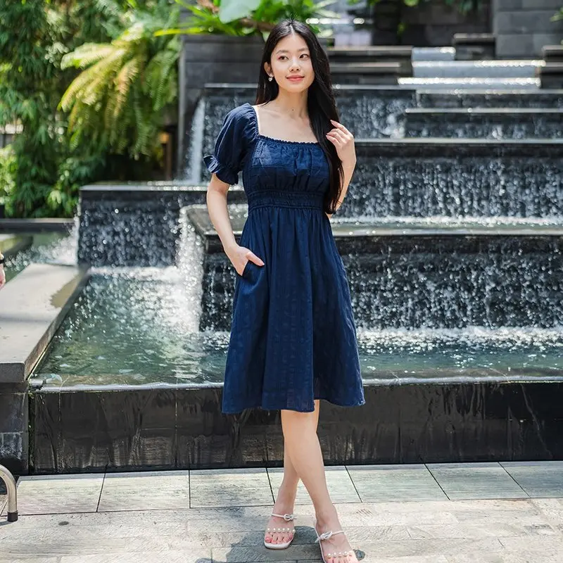 Charlotte Smocked Waist Sleeve Dress In Navy cute dress Casual Cotton