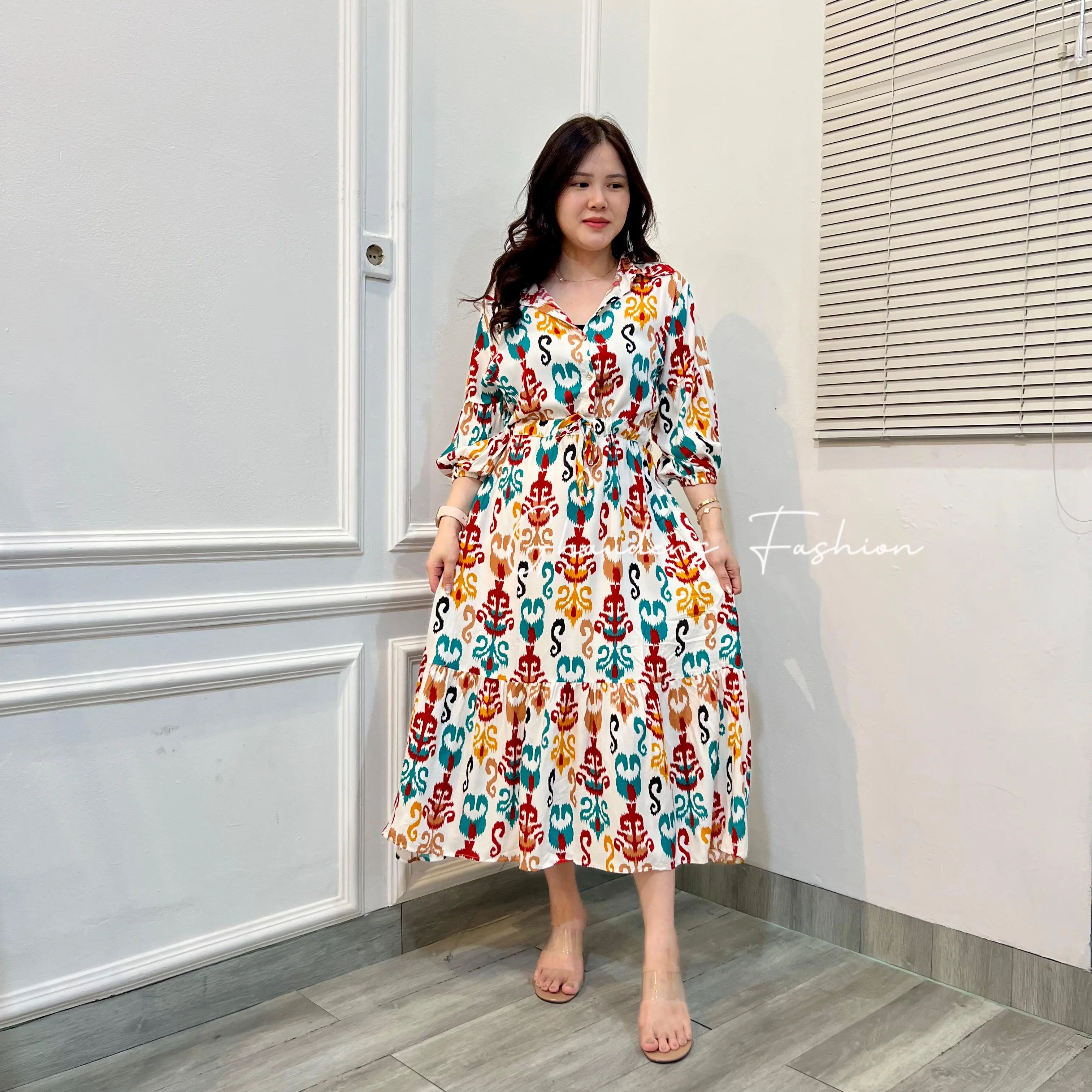 Ghaudens - Long Midi Dress Button Busui Bumil Friendly 7665 Bahan Rayon Diamond Size M & XL dengan Karet di Pergelangan Lengan dan Pinggang Depan Model Tali Serut