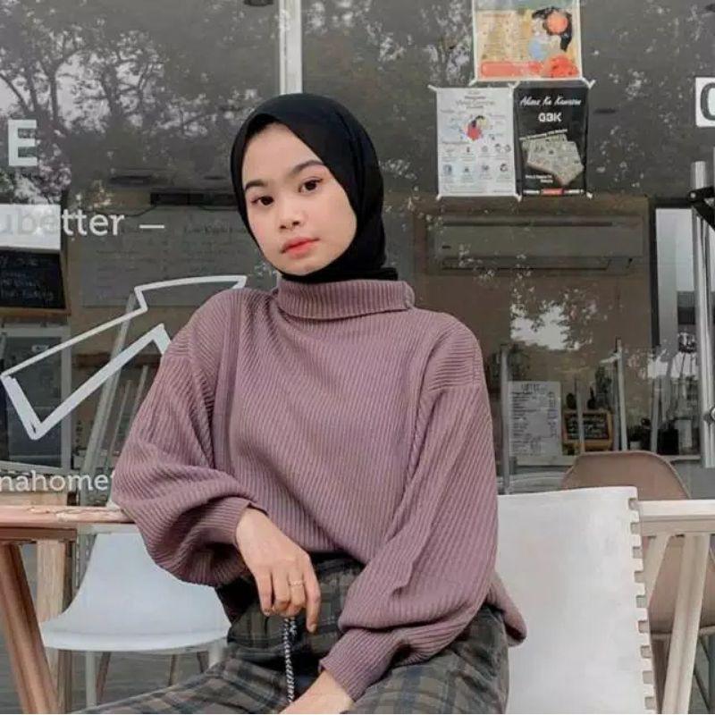 Bayoneta Sweater Rajut Balon Atasan Wanita  Kerah Turtle Salur Tangan Panjang Knitwear 3