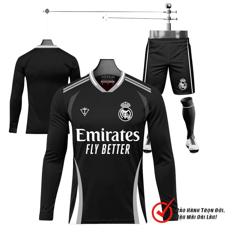  Quần Áo Bóng đá TAY DÀI - REAL MADRID ĐEN D5 đồ thể thao nam áo bóng đá tay dài vải thun co giản thoáng mát. Top mẫu mới Eros Sport Eros Sport 