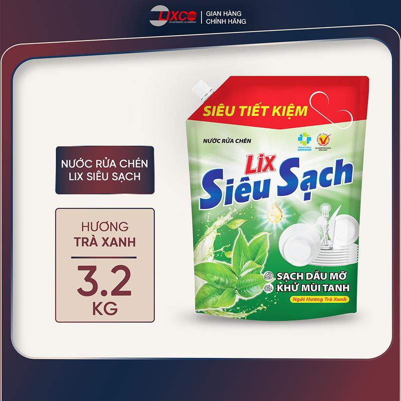  Nước rửa chén LIX 3.2KG siêu sạch hương trà xanh loại túi N8118 làm sạch vết bẩn dầu mỡ không hại da tay 