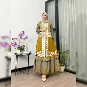 Naya Batik - Gamis Twill Berkualitas Cap Malaman Bukan Sablon Dress Muslim Wanita Lengan Karet Motif Garis Rempel Bawah Tali Samping Full Kancing Katun Nyaman