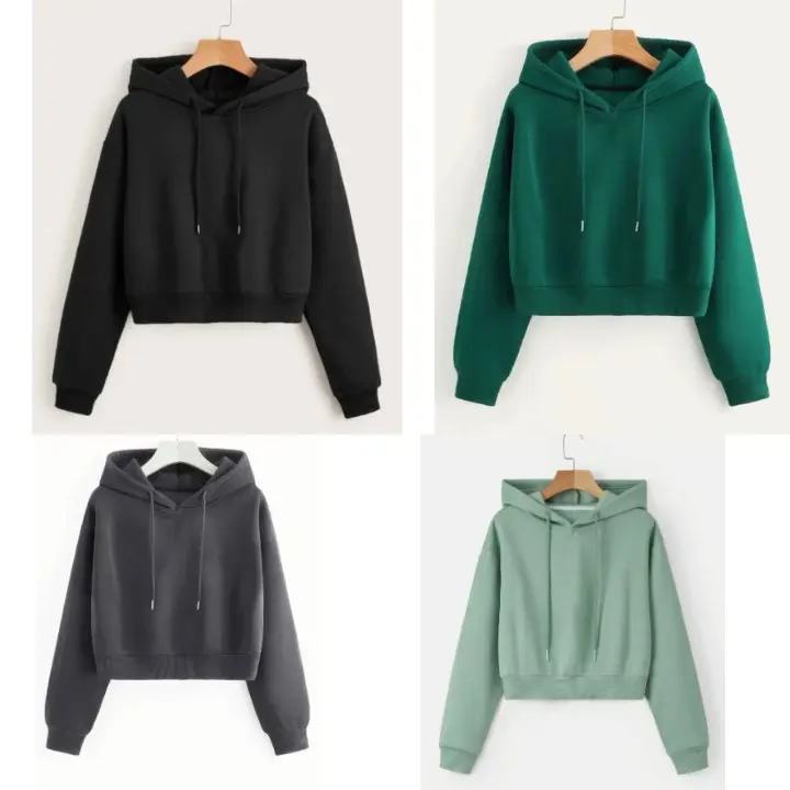 Sweater Crop Hoodie Wanita Fleece Lembut 0