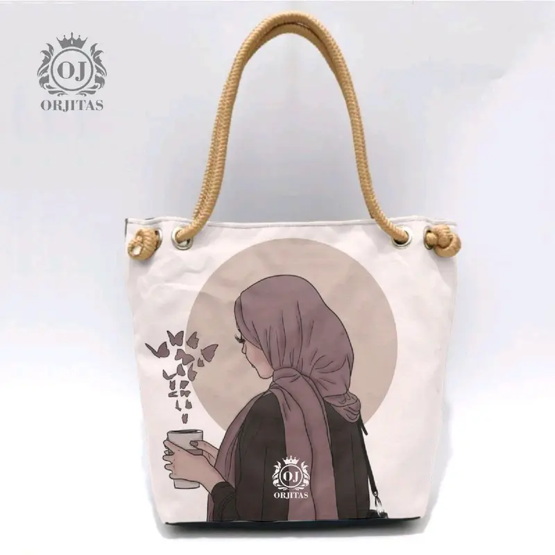 tas totebag wanita motip printing tali sumbu 0