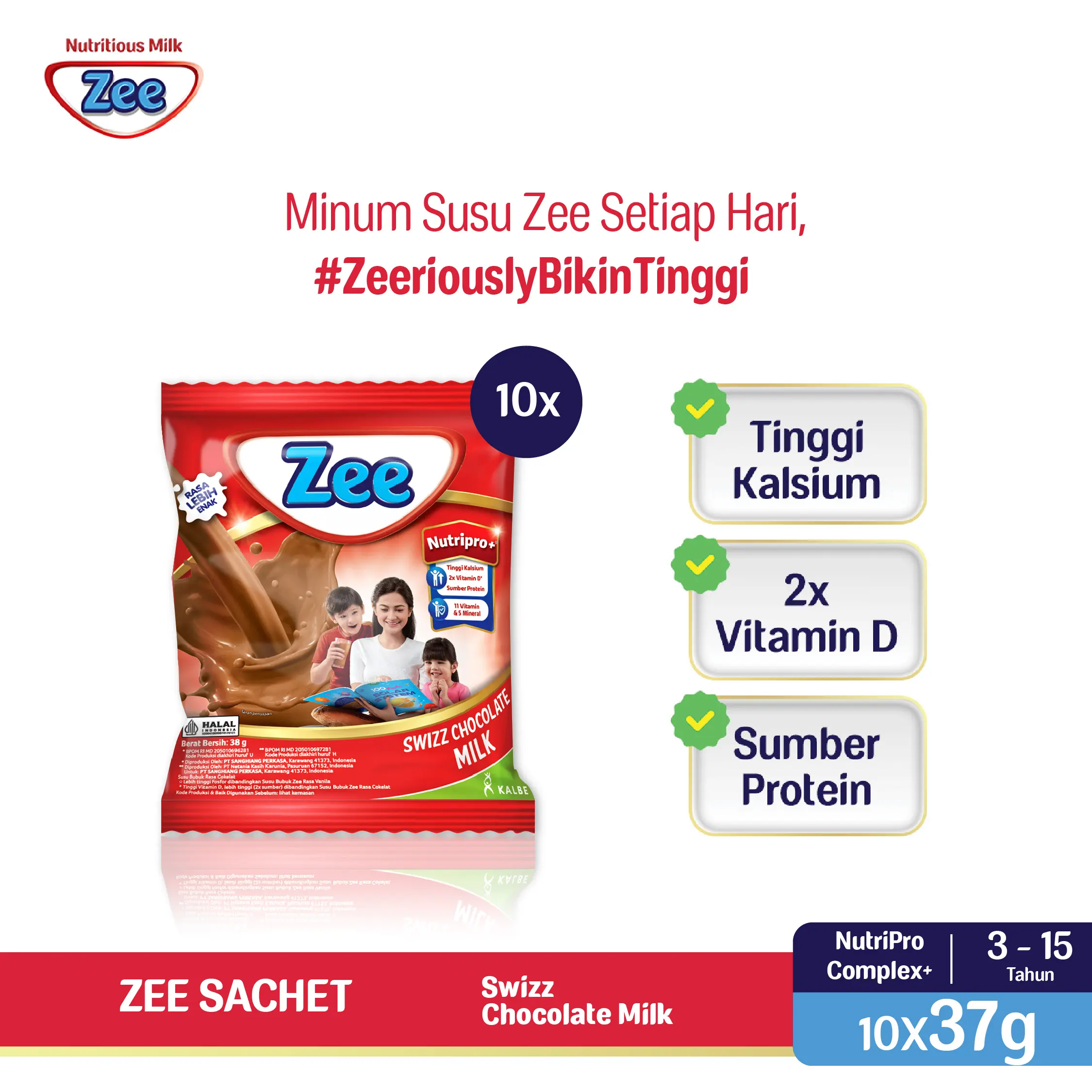 Zee Sachet Swizz Chocolate 38gr x 10 Pcs - Susu Tumbuh Tinggi Lebih Cepat