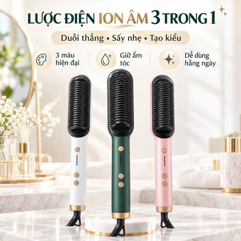 Máy Lược Điện Tạo Kiểu Tóc 3 Trong 1, Duỗi Thẳng Chải Mượt Ion Âm, Nhiều Mức Nhiệt Dễ Sử Dụng