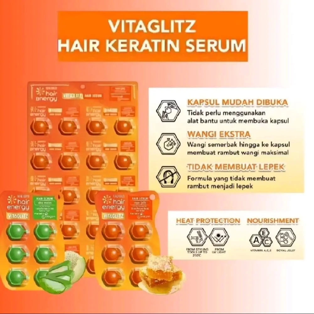 Makarizo Hair Energy VITAGLITZ Hair Keratin Serum ALOE MELON  ROYAL JELLY Perawatan Haircare