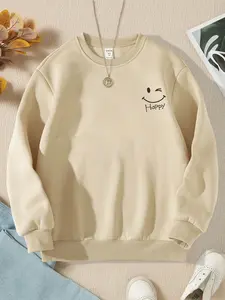 LURIANCLOTH - Sweater Wanita Happy korean Remaja Dewasa Sweater Cewe Flecce Murah Hitam / Putih / Misty / Denim Dusty / Mint Panjang Oversize