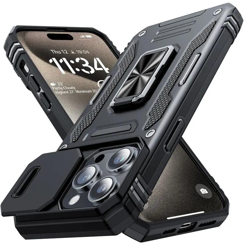 Product Introduction of Sarung Telefon Kalis Kejutan Gred Tentera, dengan Pelindung Skrin dan Penutup Slaid Kamera, Serasi dengan iPhone 12/13/14/15, Sarung Anti-Calar dengan Pemegang Cincin dan Pendirian, Sarung Pelindung, untuk iPhone Casing 2