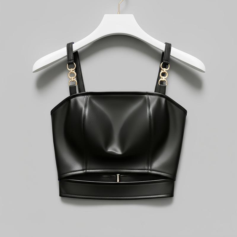 dambody [CR02] Áo Croptop Da Đen Dây Đeo Kim Loại - Áo Hai Dây Cá Tính Sexy Quyến Rũ Dự Tiệc