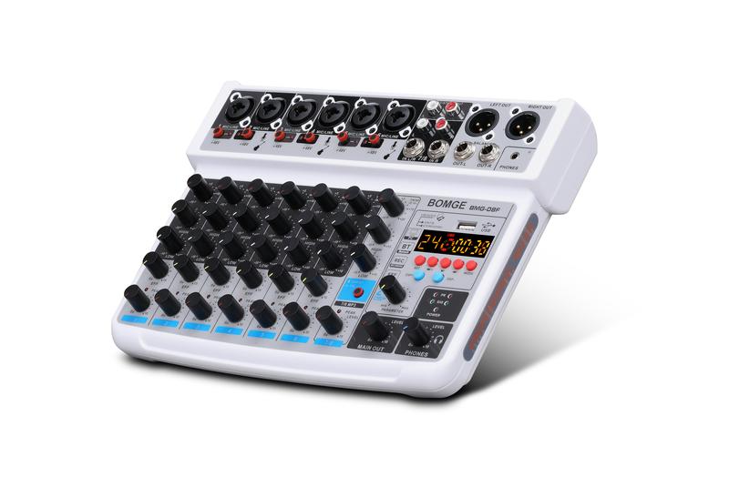 Product Introduction of BOMGE-mini 8 Channel Audio Mixer, Line Mixer, DC 5V, with MP3 Player, Bluetooth, 48V U Disk, 24DSP Effect, USB Recording Suitable for small club or bar, studio recording 6