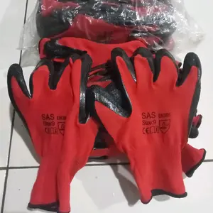 SAS Sarung Tangan Kerja Sas 1 Pasang 2 Pcs Anti Cutting Kain Nylon Lapis Karet Extra Tebal Merah Hitam Size 9