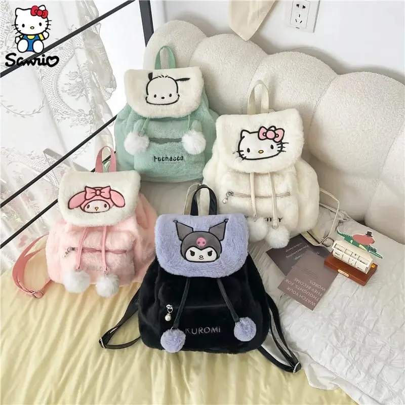 Tas Ransel Serut Boneka Bulu Sanrio Kawaii - Tas Ransel Premium Bulu Sannrio Tutup Depan Serut. 4