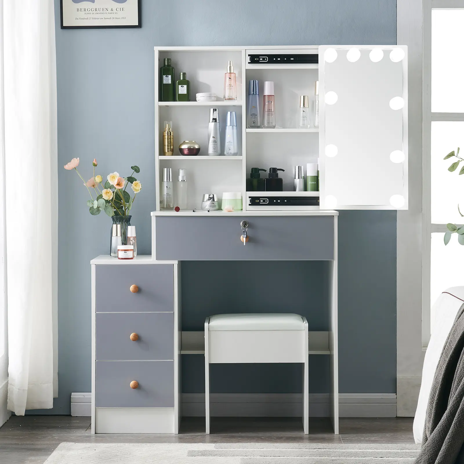 Dressing Table with Cushioned Stool and LED Sliding Mirror, Adjustable Brightness, Vanity Table Makeup Desk Set, Modern White & Grey Make Up Table with 4 Drawers 7 Storage Shelves Bedroom