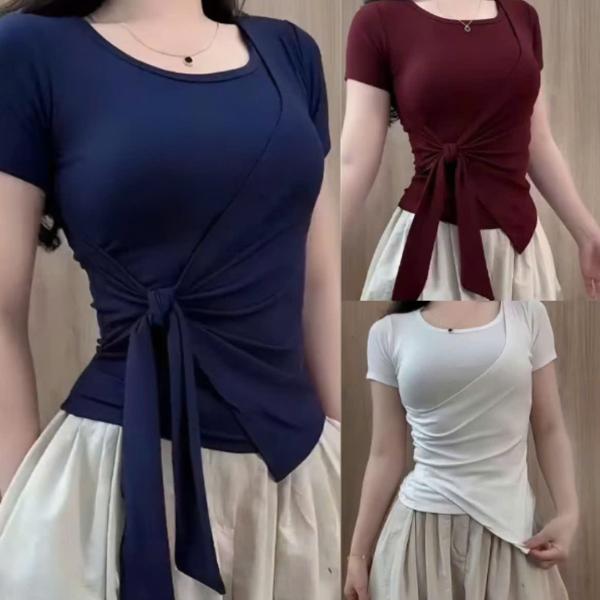  Áo Thun Nữ Phối Viền Thiết Kế Dây Rời Thắt Eo Vạt Xẻ Tà Vải Tăm Hàn Ôm Body Thiết Kế Trẻ Trung Năng Động Cho Nữ Mặc Hè   Thắt Dây  