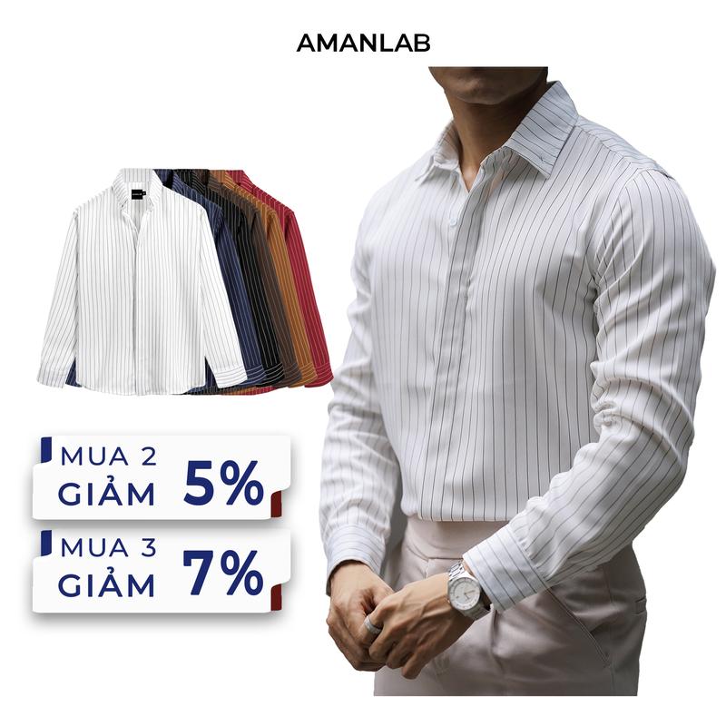 UPDATE MÀU MỚI Áo sơ mi dài tay, sơ nam dài tay, kiểu sọc, vải cotton spandex, form regular Pinstripe Noir  AMANLAB
