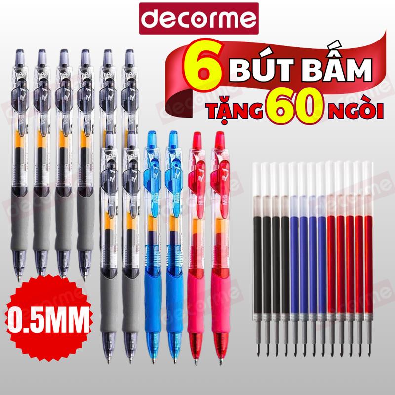 Combo 6 bút tặng 60 ngòi bút gel bấm đen xanh đỏ GP-1008 DecorMe viết trơn nhiều màu phụ kiện văn phòng phẩm