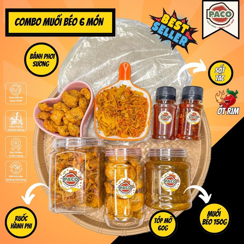 Combo Bánh Tráng Muối Béo Paco Food Siêu Hot Gồm 1 Bánh Rìa 200g 1 Hủ Muối Béo 150g 1 Hủ Hành Phi Nguyên Kèm Tóp Mỡ và Muối - Đồ Ăn Vặt Snacks