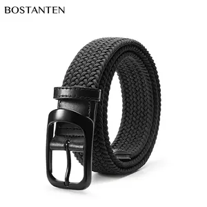 BOSTANTEN Sabuk Ikat Pinggang Pria Modis Sederhana Trendi Peregangan Jalinan Tanpa Lubang Warna Hitam