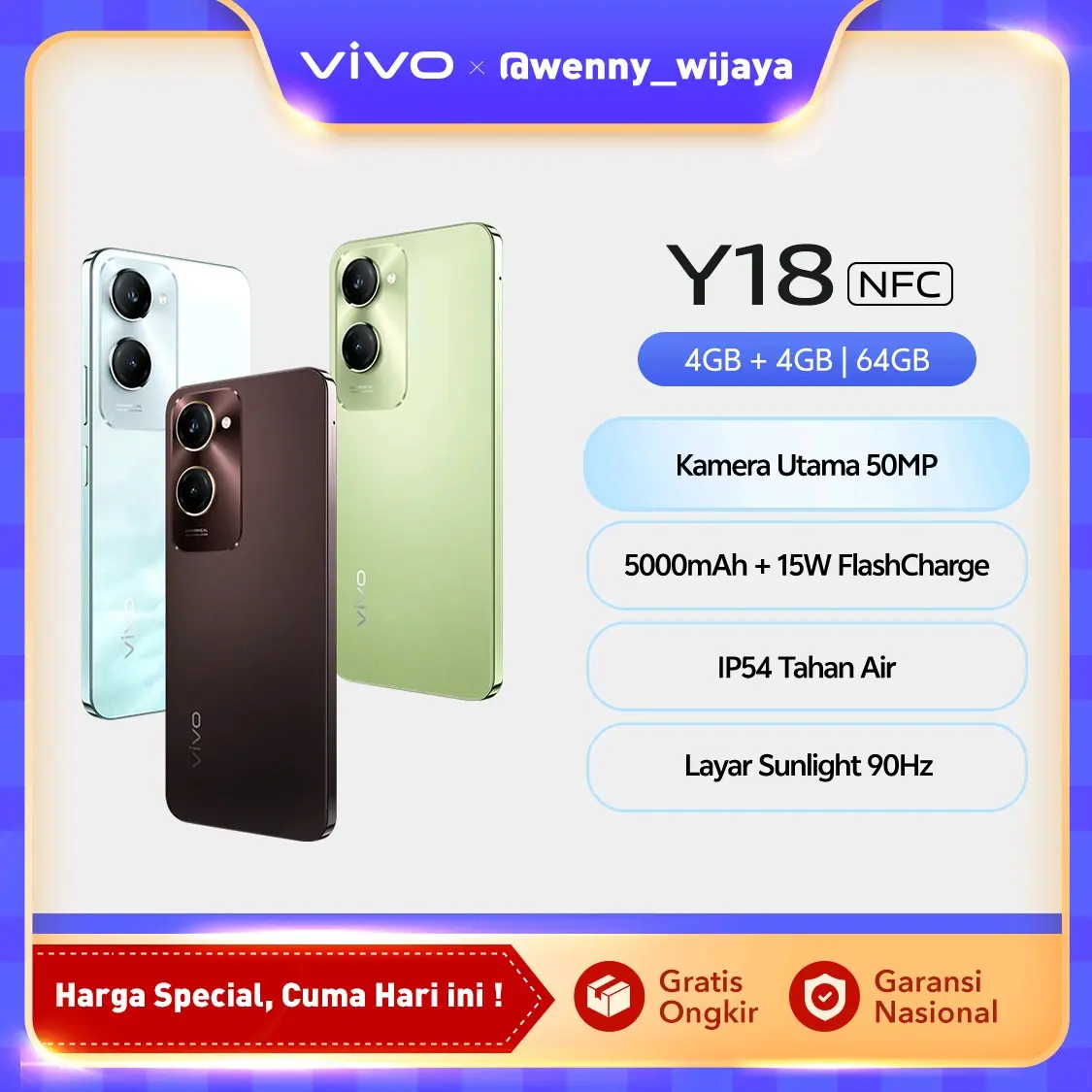 [WENNY WIJAYA APPROVED] vivo Y18 (4/64) - NFC Multifunctions, 50MP AI Camera, 5000 mAH+15W Flashcharge
