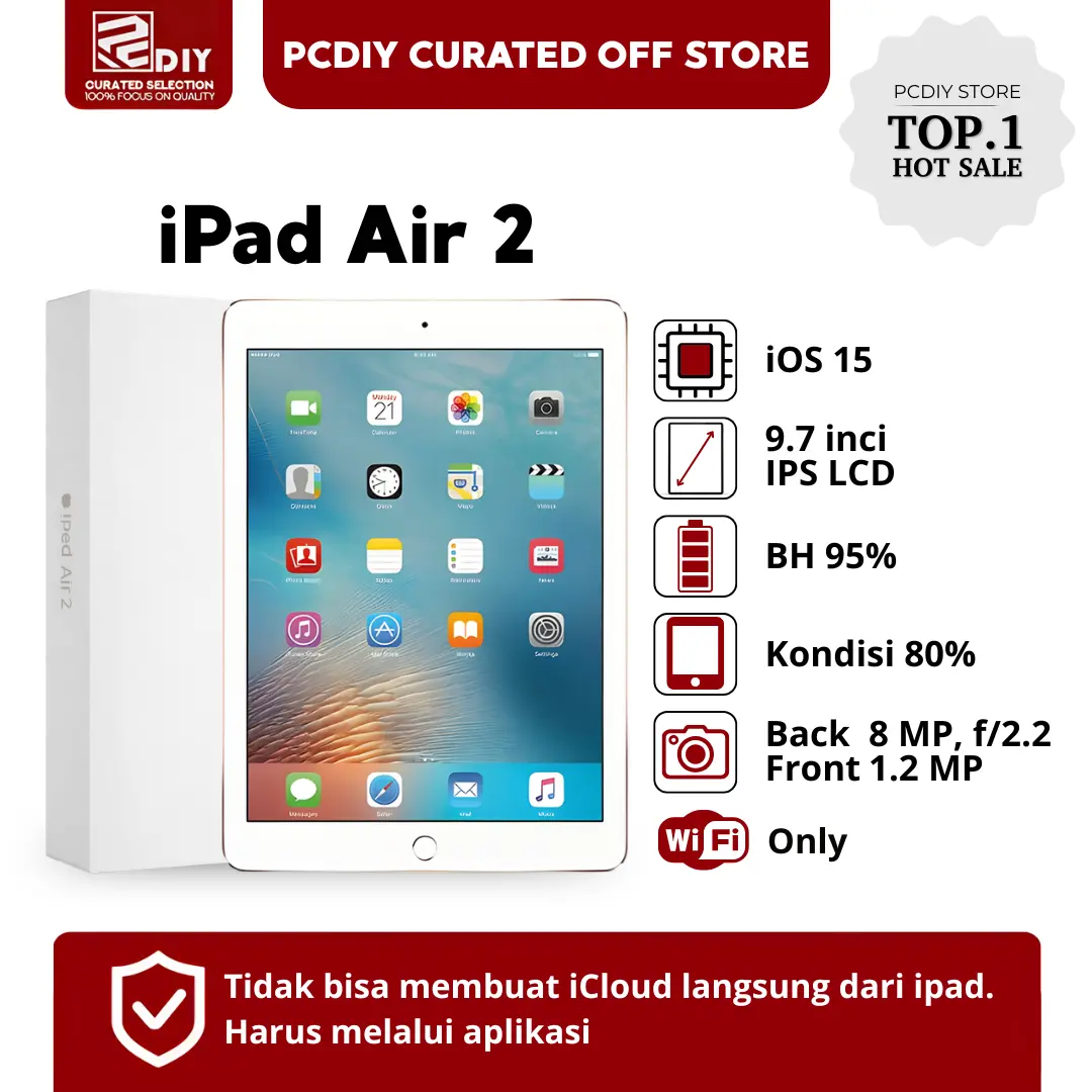 #[Bekas] PCDIY iPad Air 2 Apple Original - PROMO TERMURAH! Bisa COD + Garansi 7 Hari Tanpa Alasan. Jaminan Produk Ori & Support Versi iOS Tertinggi (iPadOS 15)