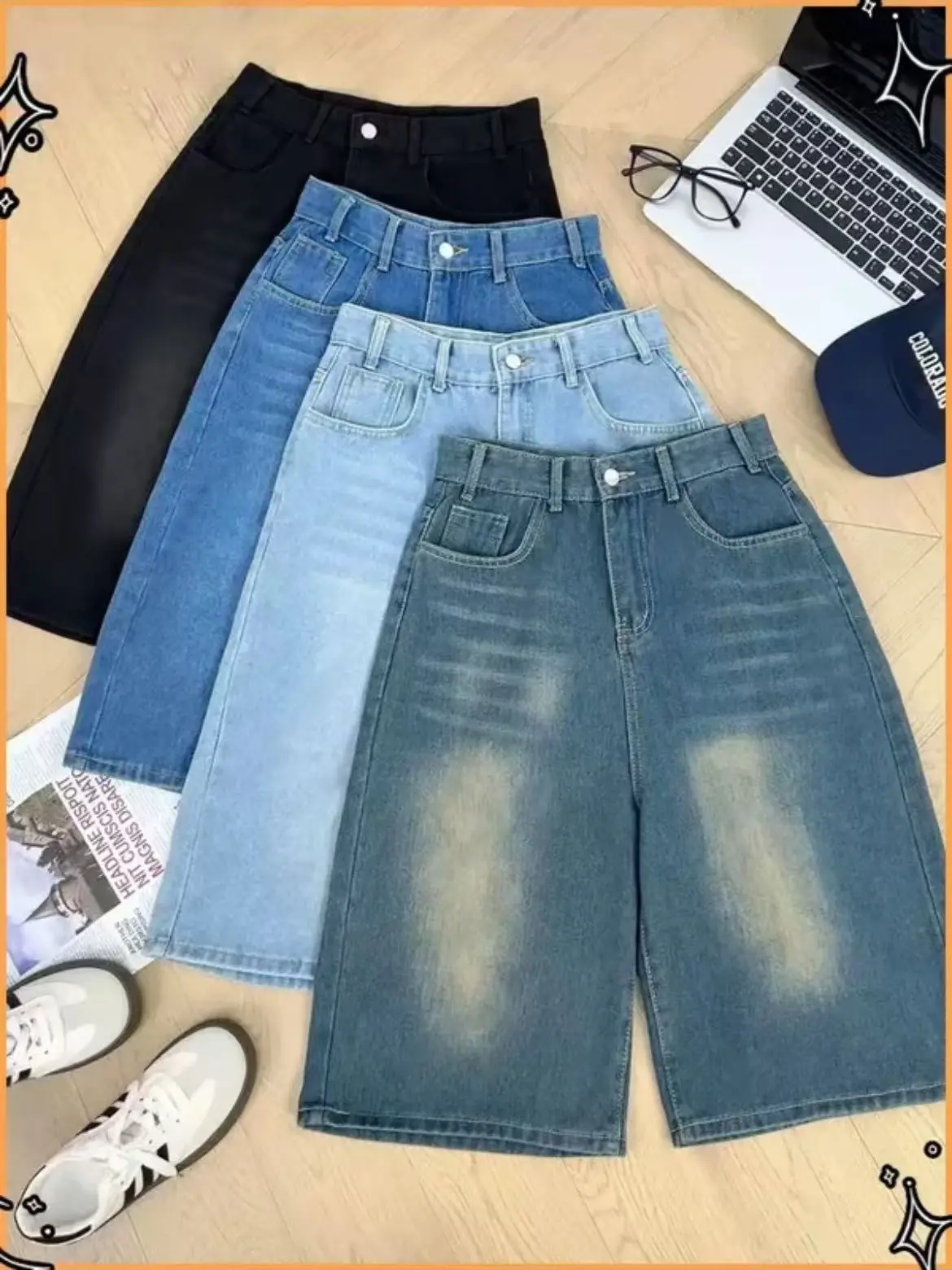 กางเกงขากระบอก กางเกงยีนส์ขาสั้น ทรงหลวม ขากว้าง เอวสูง สไตส์วินเทจ Jeans