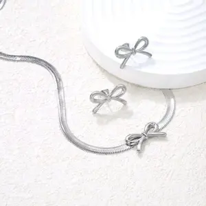 MogadaAcc - Ribbon Set Anting dan kalung silver stainless steel anti karat Kalung pita Chain fashion pelapis logam x silver black